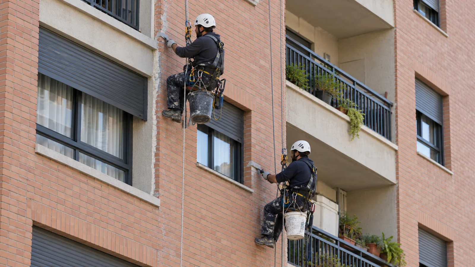 Equipo reparando fachada de comunidad